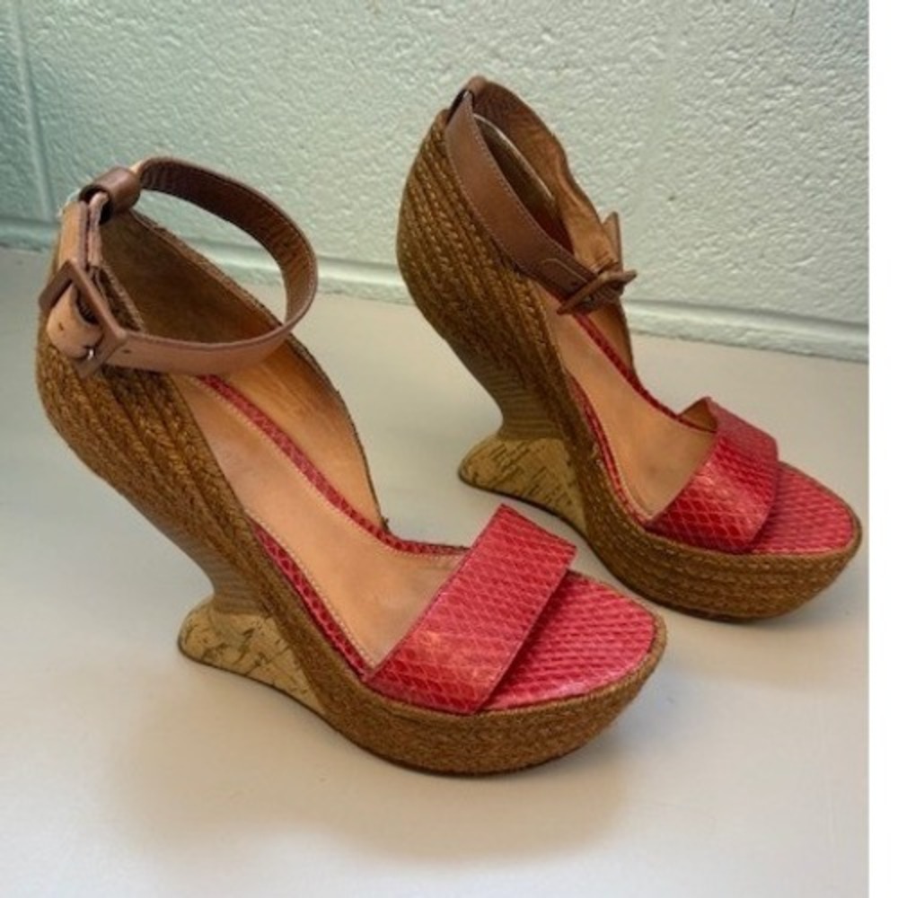 Leifsdottir Snakeskin Espadrille Wedge Sandals 38/7.5 Red Architectural Platform